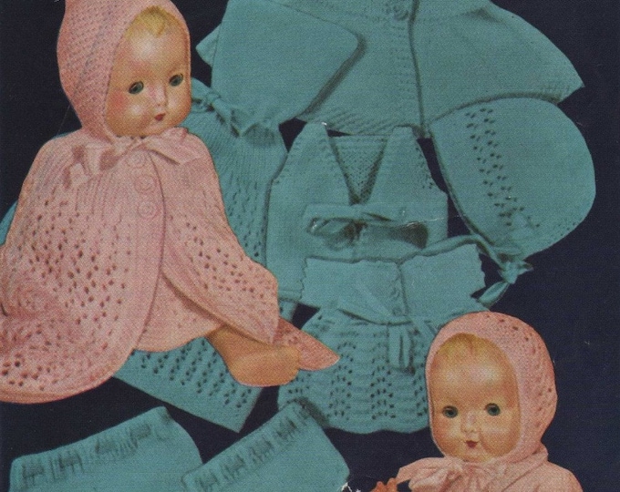 Doll Clothes Knitting Pattern PDF for 10 - 12 inch Baby Doll, Dress, Coat, Bonnet, Cape, Leggings, Vest & Pilch, Vintage Knitting Patterns