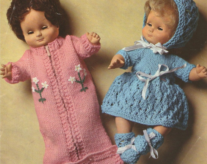 Dolls Clothes Knitting Pattern PDF for 12 inch Baby Doll, Dress, Bonnet, Bootees, Sleeper, Reborn Dolls, Vintage Knitting Patterns for Dolls