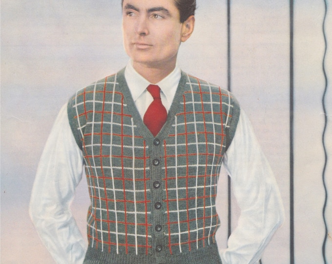 Mens Waiscoat Knitting Pattern PDF Mans 38 inch chest, Check Waistcoat, Mens Gilet, Vintage Knitting Patterns for Men