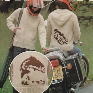Mens Hoodie Fish or Motorcycle Cardigan Knitting Pattern PDF Mans 36, 38, 40 & 42 inch chest Fishing, Bike, Motorbike, Hooded Zipped Jacket