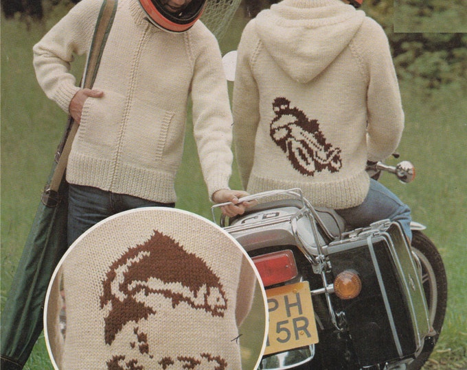 Mens Hoodie Fish or Motorcycle Cardigan Knitting Pattern PDF Mans 36, 38, 40 & 42 inch chest Fishing, Bike, Motorbike, Hooded Zipped Jacket