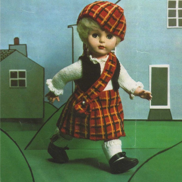 Dolls Clothes Knitting Pattern PDF for 18 inch Doll, Scottish Dolls Outfit Pattern, Kilt, Shirt, Vest, Cap, Sash, Pants and Socks, Download