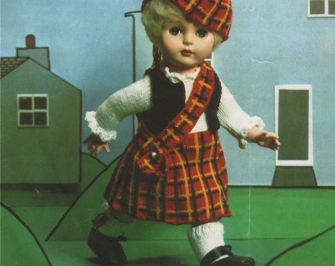 Dolls Clothes Knitting Pattern PDF for 18 inch Doll, Scottish Dolls Outfit Pattern, Kilt, Shirt, Vest, Cap, Sash, Pants and Socks, Download