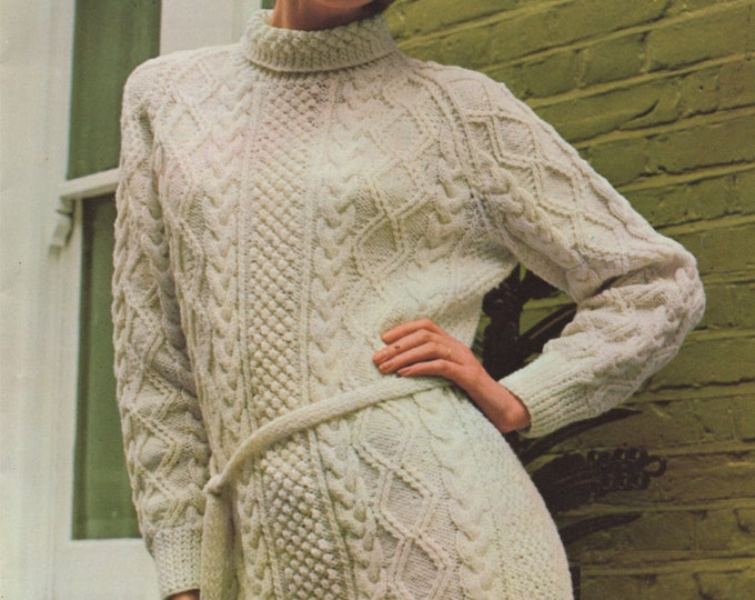 Womens Aran Dress Knitting Pattern PDF Ladies 34 36 38 and 40 inch bust, Bainin Aran, Vintage Knitting Patterns for Women, Download epattern