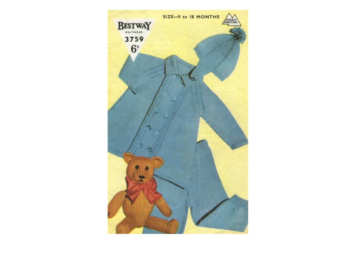 Baby Boys Coat, Leggings and Helmet Hat Knitting Pattern PDF Babies 9 - 18 months, 21 - 22 inch chest, DK, Babys Pram Set, Digital Download