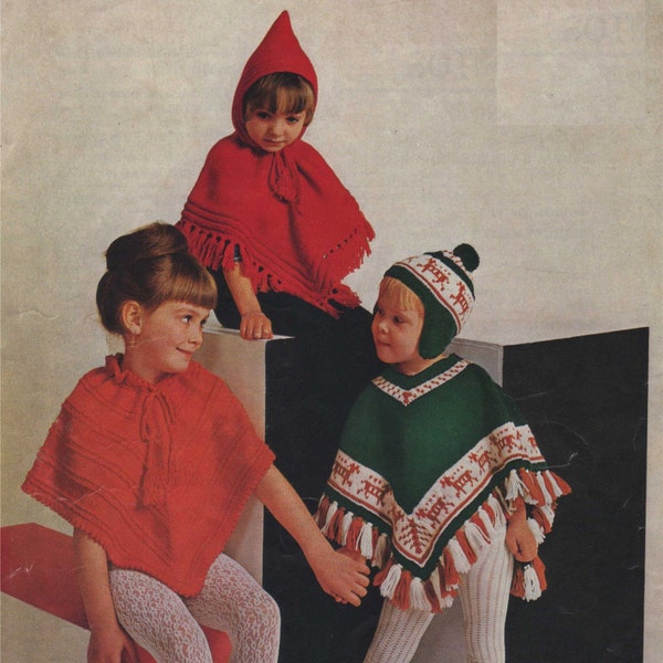 Poncho and Hat Knitting Pattern PDF Girls Phonchitos, Peruvian Style Fair Isle, Vintage Knitting Patterns for Children, e-pattern Donwload