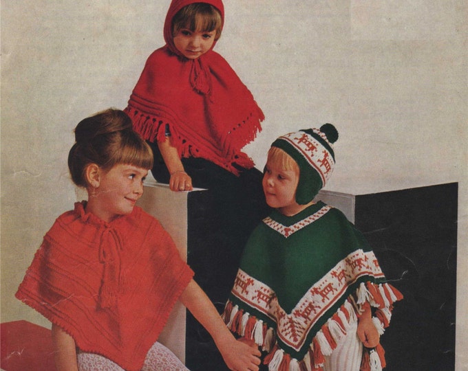 Poncho and Hat Knitting Pattern PDF Girls Phonchitos, Peruvian Style Fair Isle, Vintage Knitting Patterns for Children, e-pattern Donwload