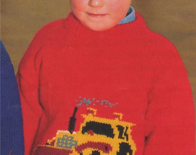 Childrens Digger Motif Sweater Knitting Pattern PDF Boys or Girls 22, 24, 26, 28, 30 and 32, Toddlers Builders Jumper, Download