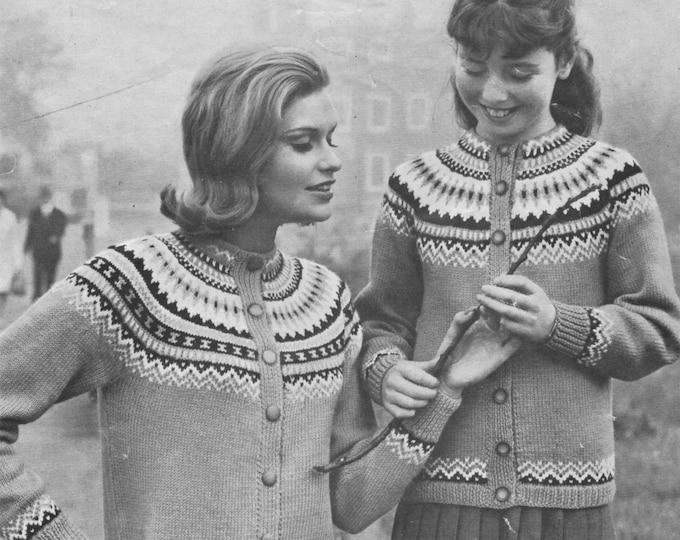 Womens Fair Isle Yoke Cardigan Knitting Pattern PDF Ladies 28, 30, 32, 34, 36 and 38 inch chest, Jacket, Vintage Knitting Patterns for Women