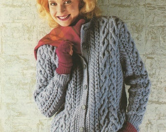 Womens Aran Cardigan Knitting Pattern PDF Ladies 32, 34, 36, 38, 40 and 42 inch chest, Vintage Aran Knitting Patterns for Women, Download