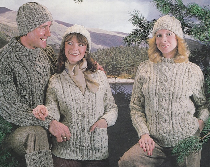 Aran Sweater, Cardigan, Hat and Socks Knitting Pattern PDF Womens and Mens 34, 36, 38, 40, 42, 44 inch chest, Vintage Aran Knitting Patterns