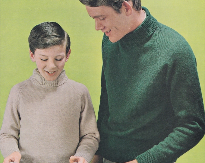 Polo Neck Sweater Knitting Pattern PDF Mens or Boys 24, 26, 28, 30, 32, 34, 36, 38, 40, 42, 44 and 46 inch chest, Vintage Family Patterns