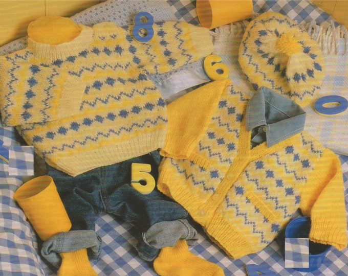 Premature Baby Fair Isle Sweater, Cardigan and Beret PDF Knitting Pattern : Babies Boy or Girl 16, 18, 20 and 22 inch chest . DK . Download