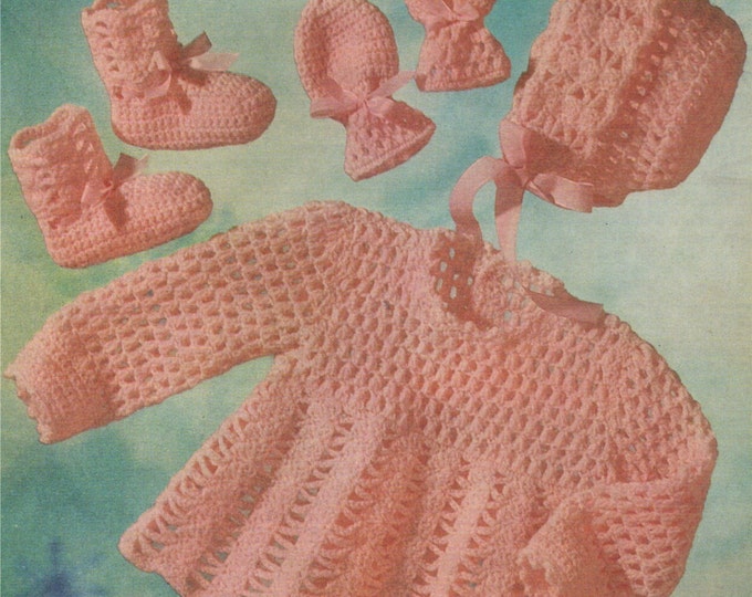 Crochet Patterrn Baby Girls Angel Top, Bonnet, Mitts and Bootees . PDF : Babies 19 inch chest . 4 Ply . Short Dress . e-pattern Download