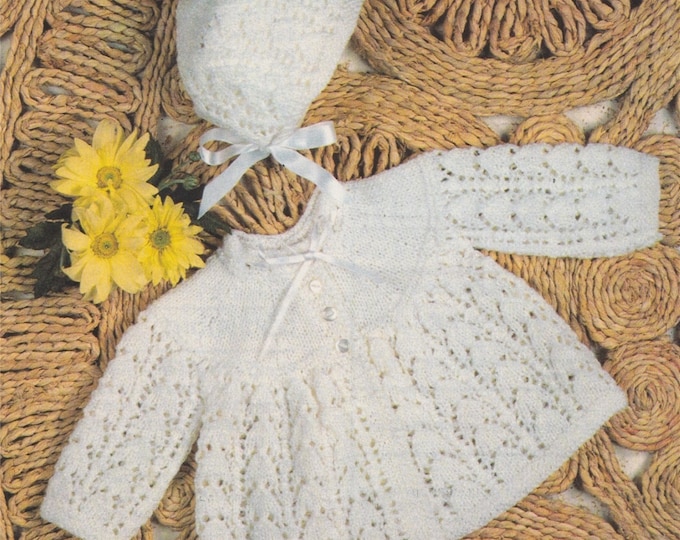 Babies Matinee Coat and Bonnet Knitting Pattern PDF Baby 17, 18 and 19 inch chest, Babys Jacket, Vintage Knitting Patterns for Babies