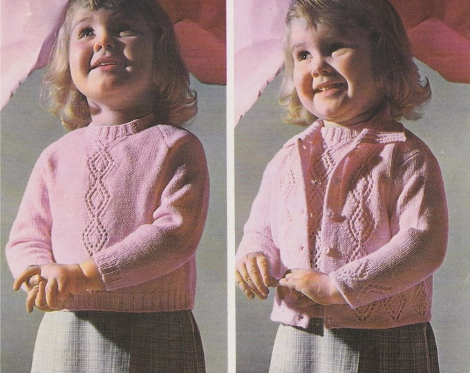 Patterned Round Neck Jumper and Cardigan with Collar Knitting Pattern PDF Girls 22 inch chest, 3 ply Yarn, Vintage Knit Patterns, Download