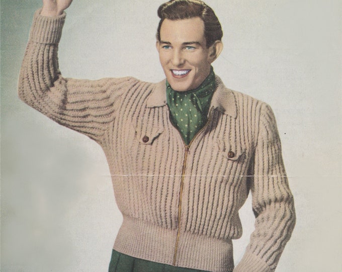 Mens Jacket with Zip Knitting Pattern PDF Mans 38, 40 and 42 inch chest, Cardigan with Zip and Collar, Vintage Knitting Patterns for Men