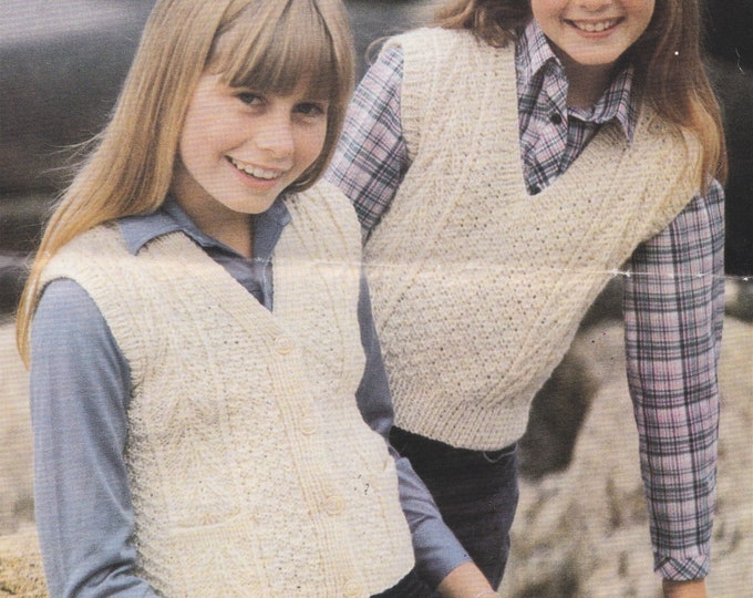 Aran Waistcoat Gilet and Slipover Knitting Pattern PDF Childrens 26, 28, 30 and 32 inch chest, 10 ply Yarn, Vintage Aran Knit Patterns