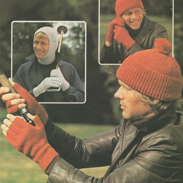 Mens Balaclava, Hat, Fingerless Gloves and Gloves Knitting Pattern PDF Mans Winter Accessories, Vintage Knitting Patterns for Men, Download