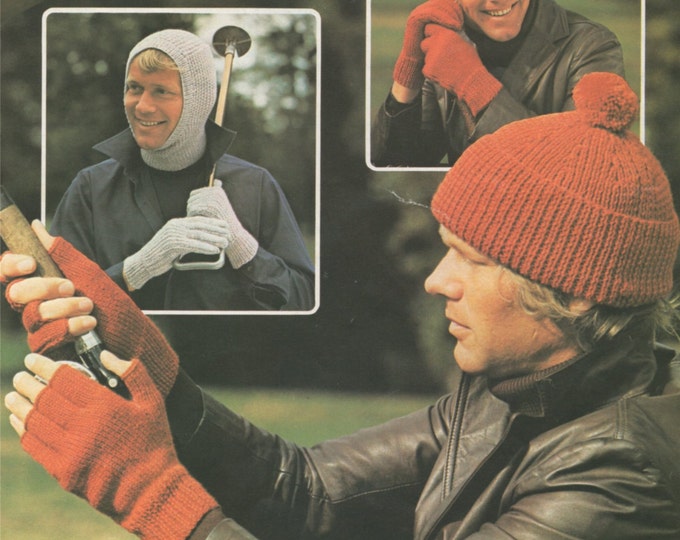 Mens Balaclava, Hat, Fingerless Gloves and Gloves Knitting Pattern PDF Mans Winter Accessories, Vintage Knitting Patterns for Men, Download