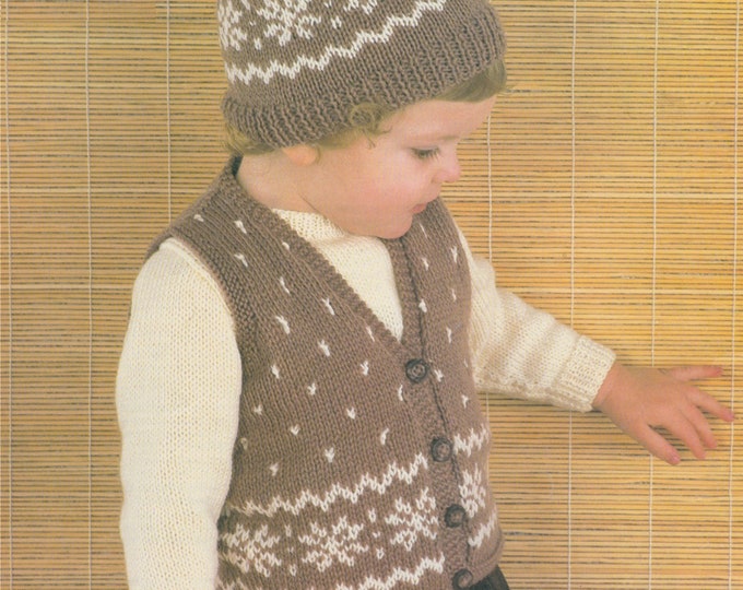 Toddlers Fair Isle Gilet, Hat and Plain Sweater Knitting Pattern PDF Boys or Girls 20, 21, 22 inch chest, 6 - 9, 9 - 12 and 12 - 18 months