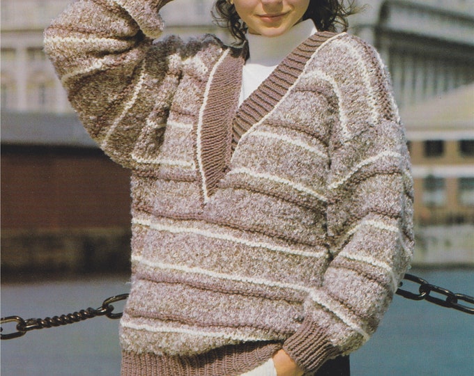 Womens Sweater Knitting Pattern PDF Ladies 30, 32, 34, 36, 38 and 40 inch bust, V Neck Jumper, Boucle and Chunky Yarn, Vintage Knit Patterns