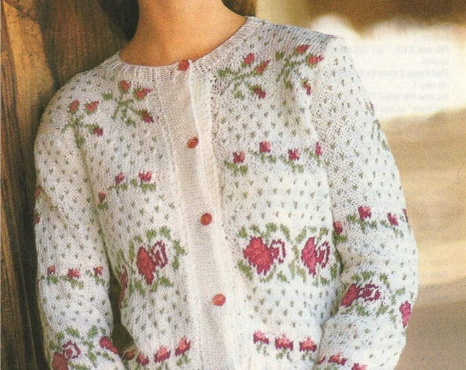 Womens Fair Isle Aran Cardigan Knitting Pattern PDF Ladies 32, 34, 36, 38 inch chest, Floral Fair Isle, Vintage Knitting Patterns for Women