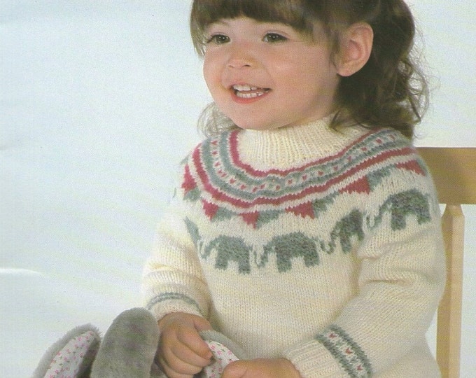 Elephant Fair Isle Sweater Knitting Pattern PDF Boys or Girls 21, 22, 24, 26 inch chest, Jumper, Vintage Knitting Patterns for Children