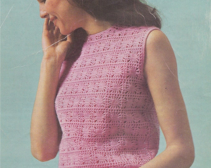 Womens Top Crochet Pattern PDF Ladies 34 - 36 and 38 - 40 inch bust, Sleeveless Jumper, Summer Top, Vintage Crochet Patterns for Women