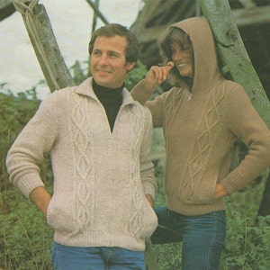 Hooded Aran Jacket Knitting Pattern PDF Womens and Mens 34, 36, 38, 40, 42, 44 inch chest, Hoodie Zip Front Cardigan, Aran Knitting Patterns
