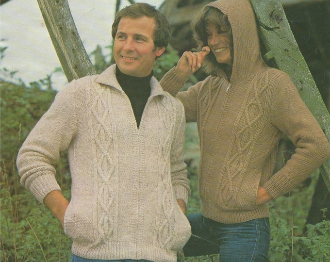 Hooded Aran Jacket Knitting Pattern PDF Womens and Mens 34, 36, 38, 40, 42, 44 inch chest, Hoodie Zip Front Cardigan, Aran Knitting Patterns