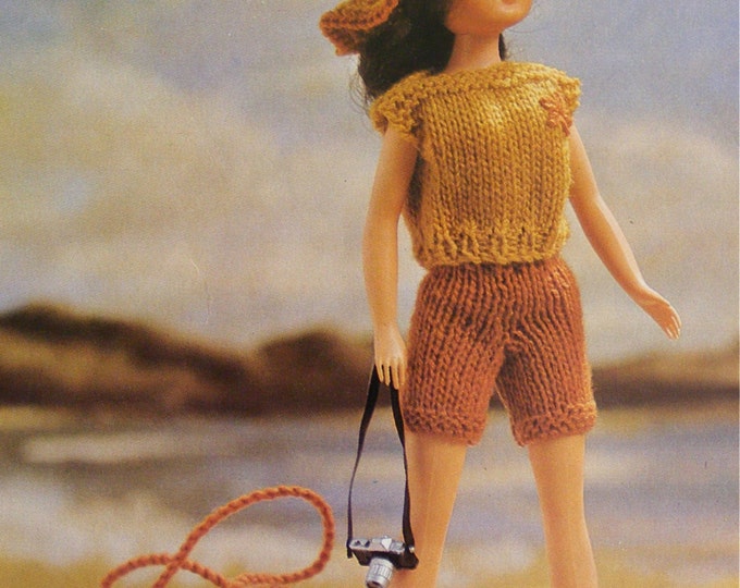 Dolls Clothes Knitting and Crochet Pattern PDF for 11 - 12 inch high doll, Beach Bag, Hat, Top and Shorts, Sindy, Barbie, Fashion Doll