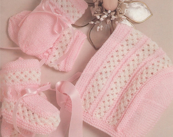 Babies Bonnet, Bootees and Mitts Knitting Pattern PDF Baby Boys or Girls 1 -  6 months, 4 Ply, Booties, Vintage Knitting Patterns for Babies