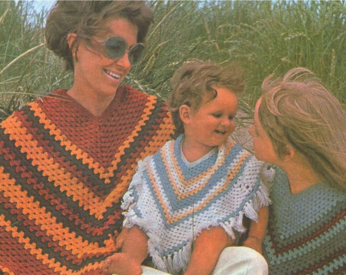 Womens, Toddlers and Baby Girls Poncho Crochet Pattern PDF, Summer or Winter Vintage Crochet Patterns for the Family, e-pattern Download