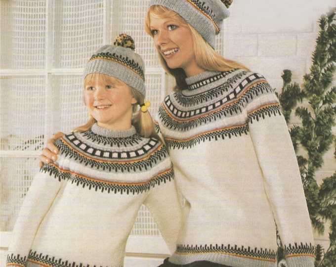 Womens, Boys and Girls Fair Isle Yoke Sweater and Hat Knitting Pattern PDF Childrens 26 - 28 inch chest, Ladies 34 - 36 inch bust, Download