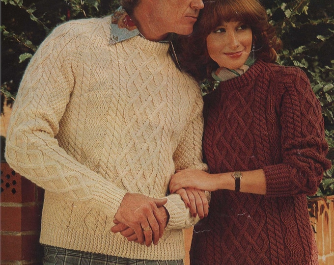 Womens and Mens Aran Sweater Knitting Pattern PDF Ladies or Mens 34, 36, 38, 40 and 42 inch chest, Vintage Knitting Patterns