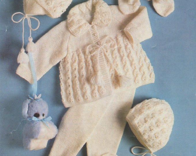 Babies Pram Set Knitting Pattern PDF Baby Boys or Girls 16, 18 and 20 inch chest, Matinee Coat, Leggings, Bonnet, Helmet and Mitts, Download