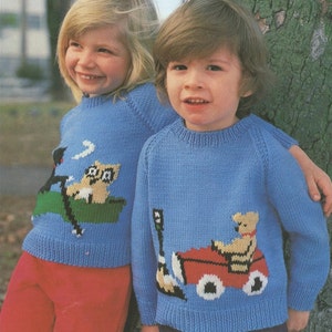 Sweater Knitting Pattern PDF Owl and the Pussy Cat, Bear and Car Motif Boys or Girls 20, 22, 24, 26 inch, Vintage Knitting Patterns for Kids