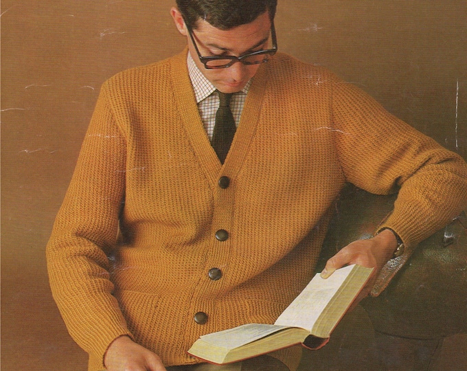 Mens Cardigan Knitting Pattern PDF Mans 40 42 and 44 inch chest, Traditional Style with Pockets, Vintage Knitting Patterns for Men, Download