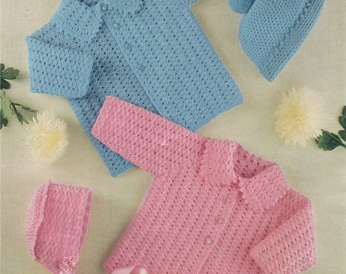 Babys Cardigan and Hat PDF Crochet Pattern . Babies Boy or Girl 18 - 20 and 20 - 22 inch . Crochet Jacket . Bonnet . Hat . Instant Download