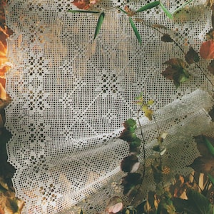 Op de afbeelding: Een wit gehaakt tafelkleed met een delicaat bloemenpatroon, gedrapeerd over herfstbladeren en takken.