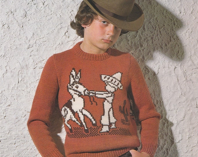 Mexican and Donkey Sweater Knitting Pattern PDF Boys or Girls 24, 26, 28 and 30 inch chest, Mule and Mexican Jumper, Vintage Knit Patterns