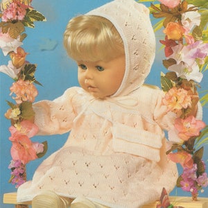 Dolls Clothes Knitting Pattern PDF Dress & Bonnet for 16, 20, 24 inch doll, Tiny Tears, Zapf Chou Chou, Vintage Knitting Patterns for Dolls