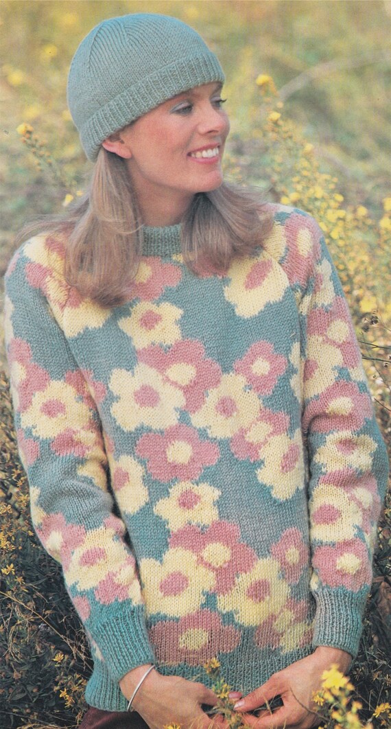 Flower Motif Sweater and Hat Knitting Pattern PDF Ladies 32