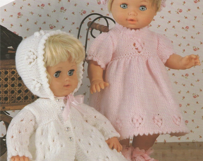 Dolls Clothes Knitting Pattern PDF Baby Doll Dress, Hairband, Bootees, Matinee Coat, Leggings & Bonnet, Vintage Knitting Patterns for Dolls