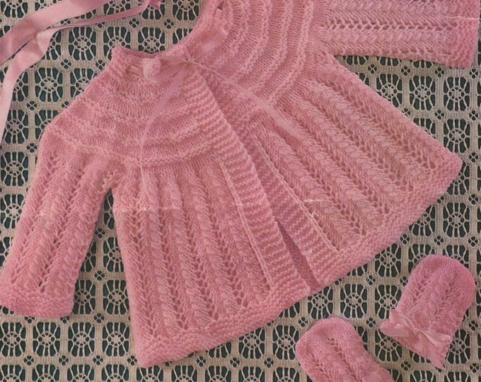Babies Matinee Jacket, Bonnet, Mittens and Bootees Knitting Pattern PDF Baby Girls 19 or 20 inch chest, Vintage Knitting Patterns for Babies