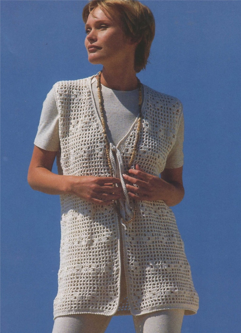 Womens Waistcoat Gilet Crochet Pattern PDF Ladies 30 32, 34 36 and 38 40 inch bust, Beach Cover Up, Vintage Crochet Patterns for Women image 1