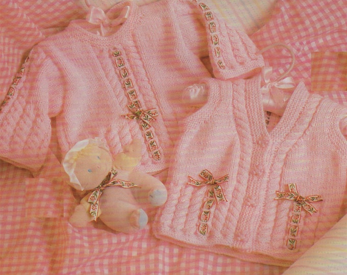 Baby Girls Sweater and Waistcoat Knitting Pattern PDF : Babies 18, 20 and 22 inch chest . Jumper . Cable Ribbon Design . e-pattern Download