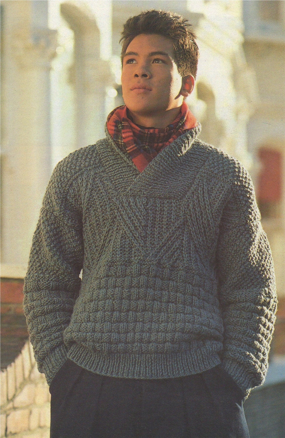 Mens Sweater Knitting Pattern Pdf With Shawl Collar Mans 32 34 And 36 38 Inch Chest Patterned Jumper Chunky Yarn Download