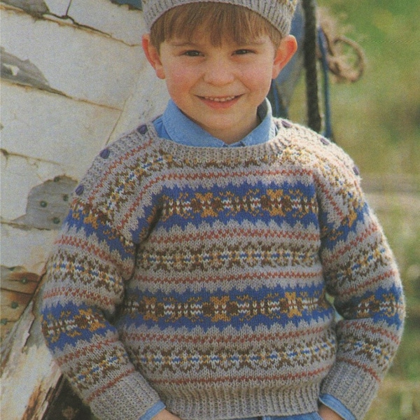 Childrens Fair Isle Sweater and Beret Knitting Pattern PDF Boys or Girls 22, 24, 26 and 28 inch chest, Fair Isle Jumper and Hat, Download